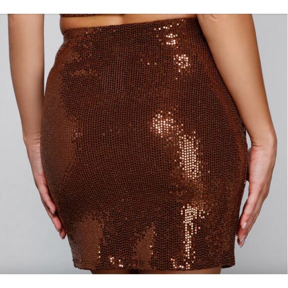 Windsor S Bronze Brown Sequin High Rise Slit Shiny Glittery Mini Skirt - Picture 3 of 9